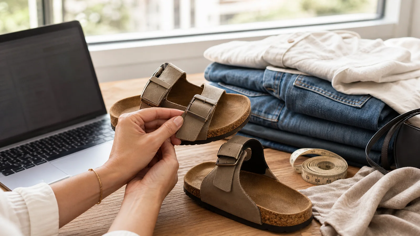 Birkenstock-style sandals checked beside a laptop and folded denim
