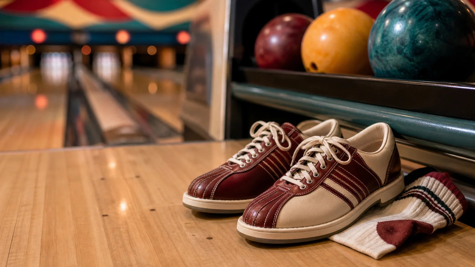 Retro bowling shoes beside a ball return and clean lane approach