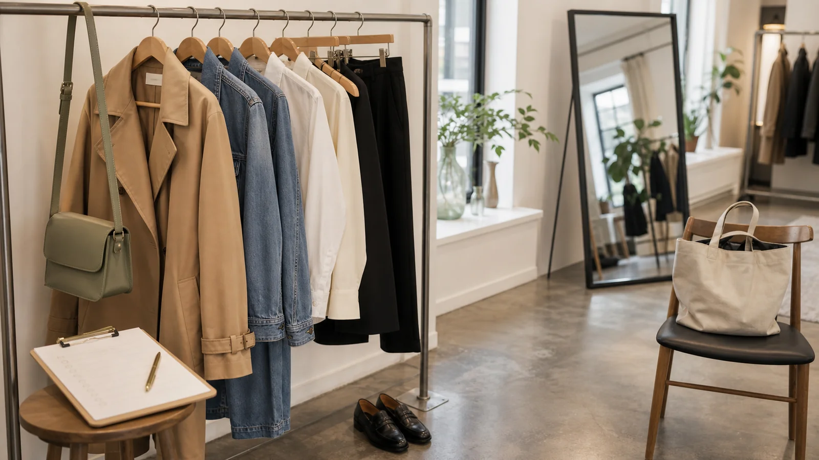 Local clothing rack with loafers and a shopping list