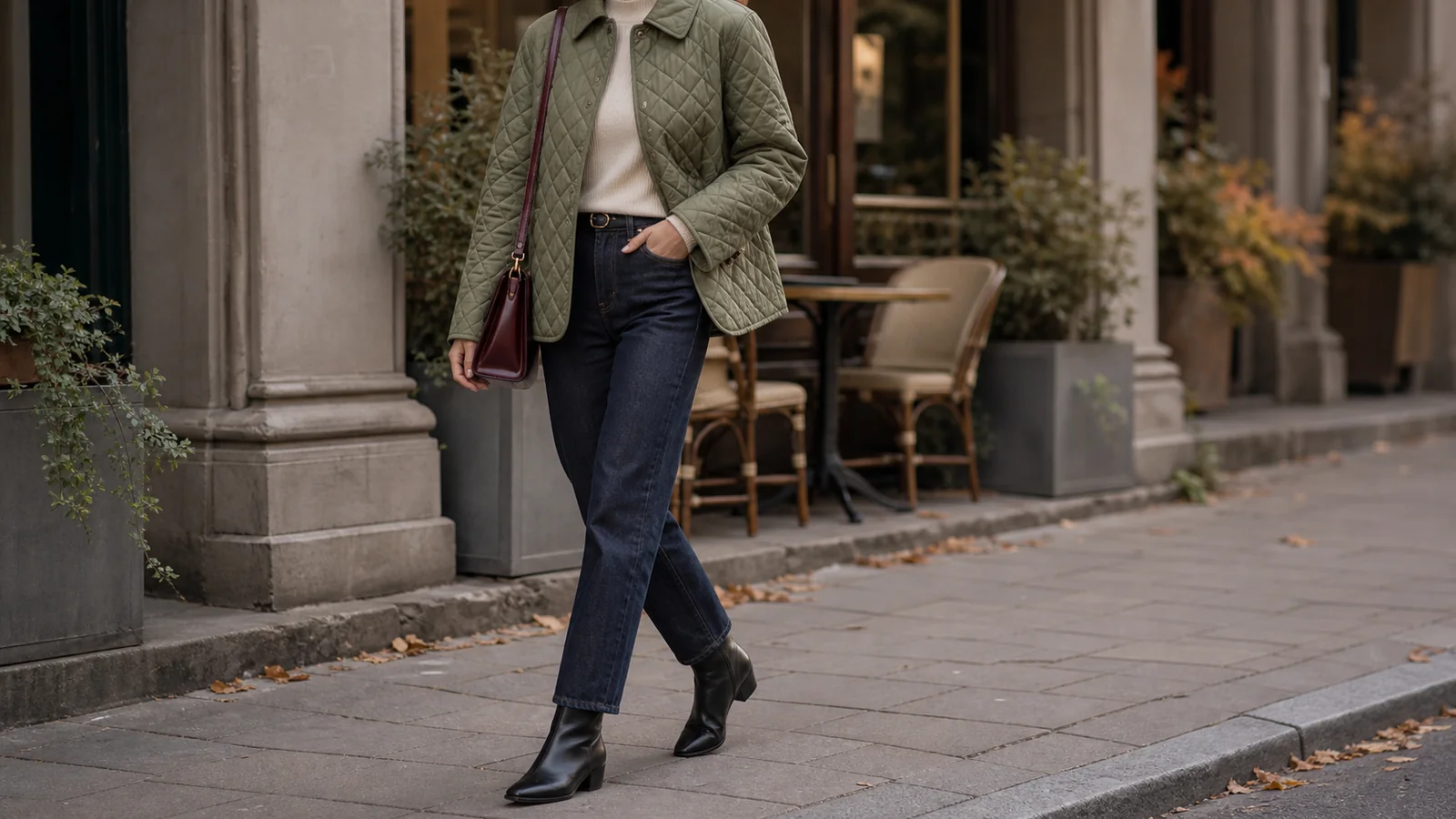 Sage quilted jacket styled with jeans and ankle boots