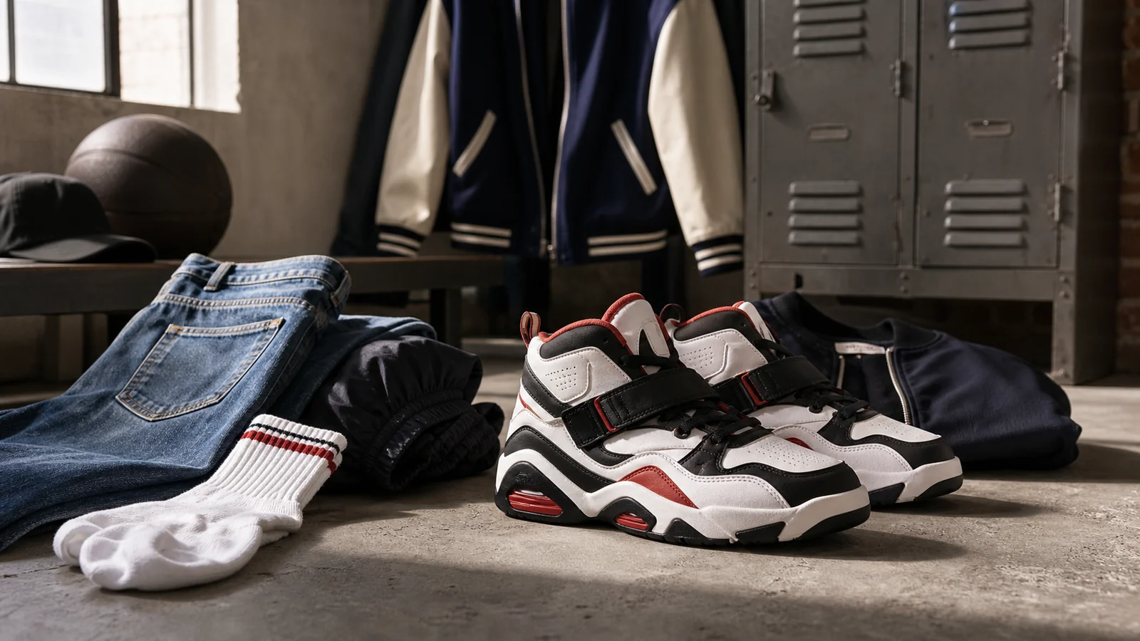 Retro-inspired cross-training sneakers styled with denim, track pants, and varsity layers