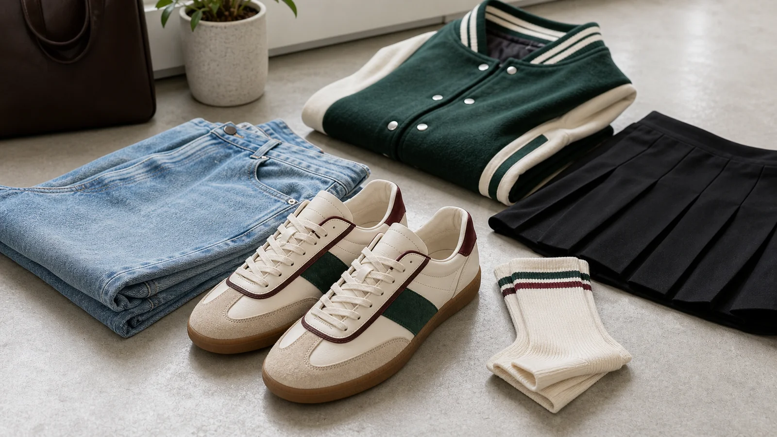 Low-profile sneakers styled with jeans, a pleated skirt, and a varsity jacket