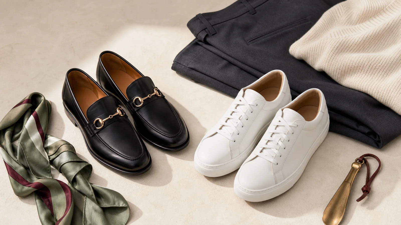 Designer-inspired loafers and sneakers arranged with trousers and a folded silk scarf