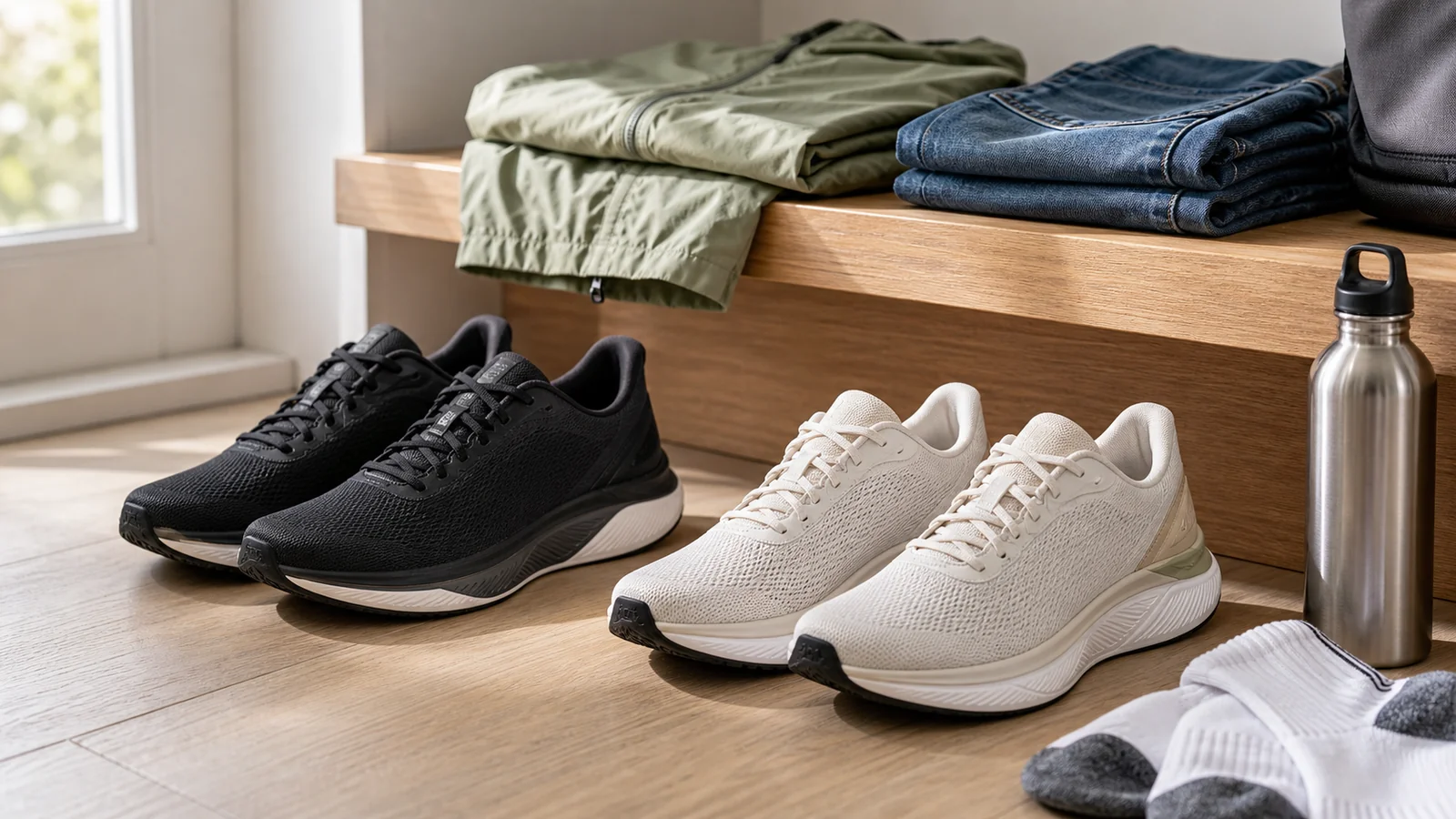 Two pairs of unbranded running shoes compared beside denim and training gear
