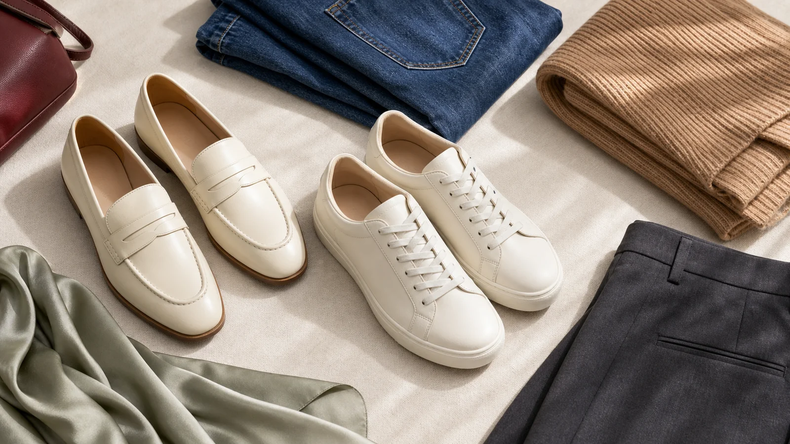 Off-white loafers and sneakers styled with denim and neutral wardrobe pieces