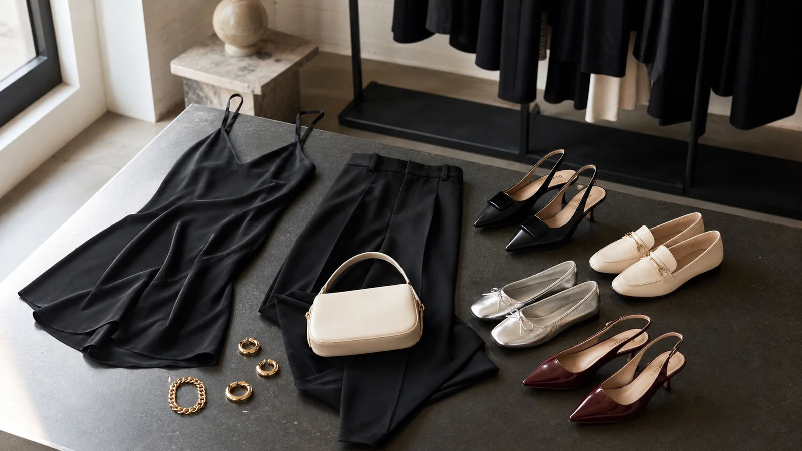 Black wardrobe pieces styled with loafers, sneakers, and metallic flats